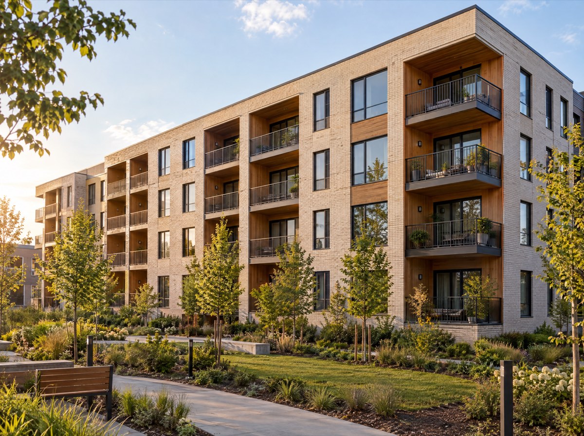 A new five-storey apartment building with a landscaped courtyard