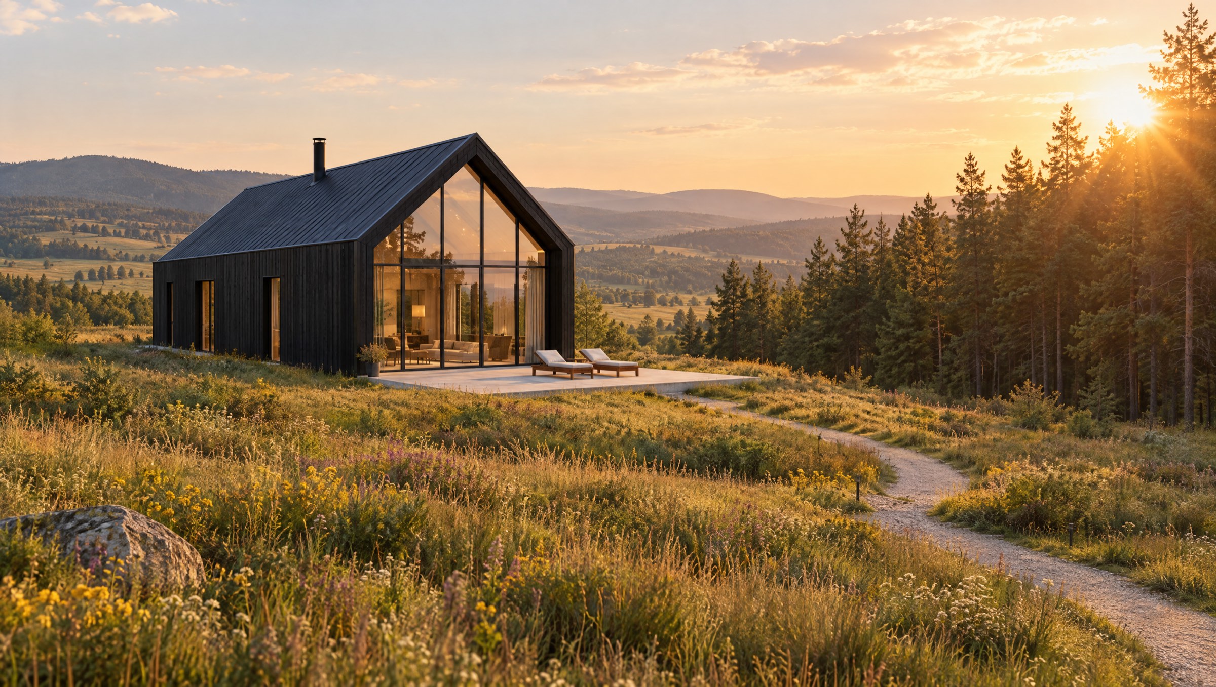 A modern black timber house in a meadow at sunset