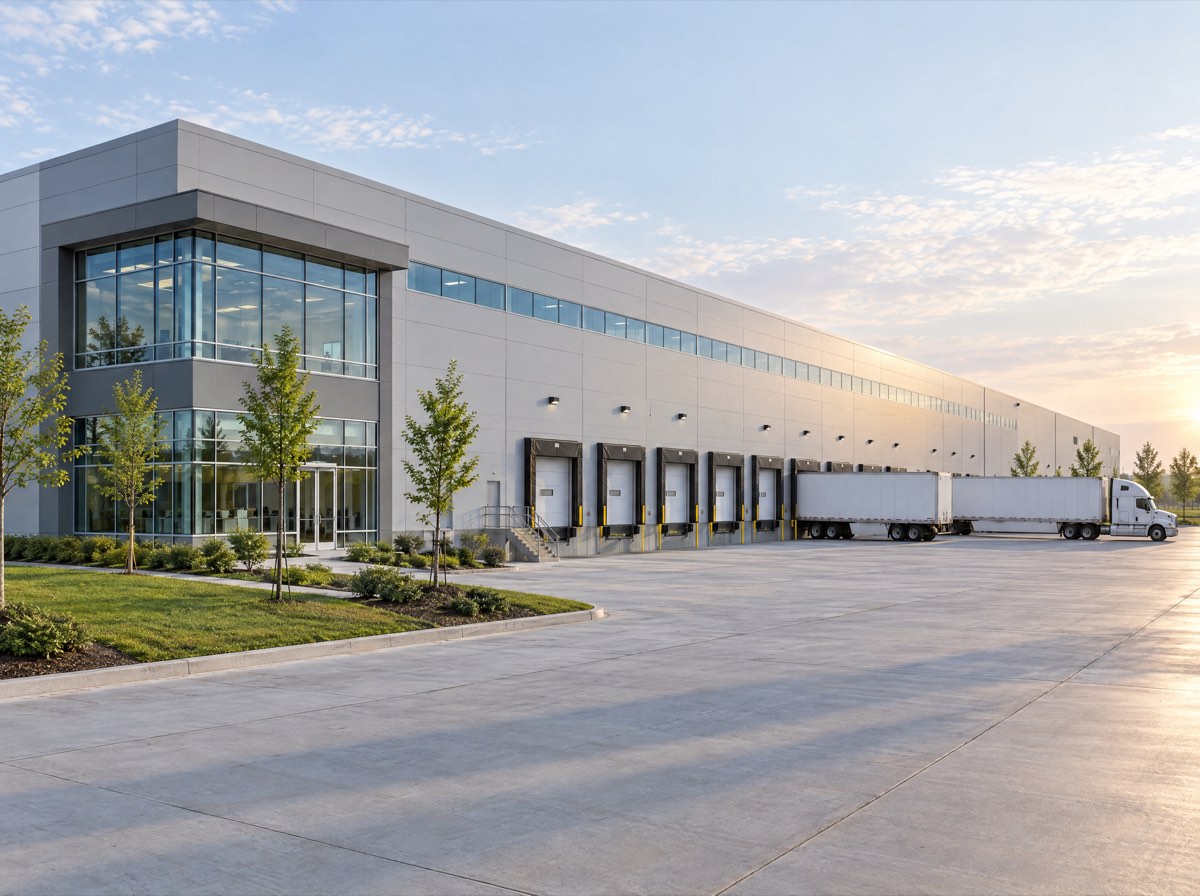 A modern logistics warehouse with loading docks and trailers